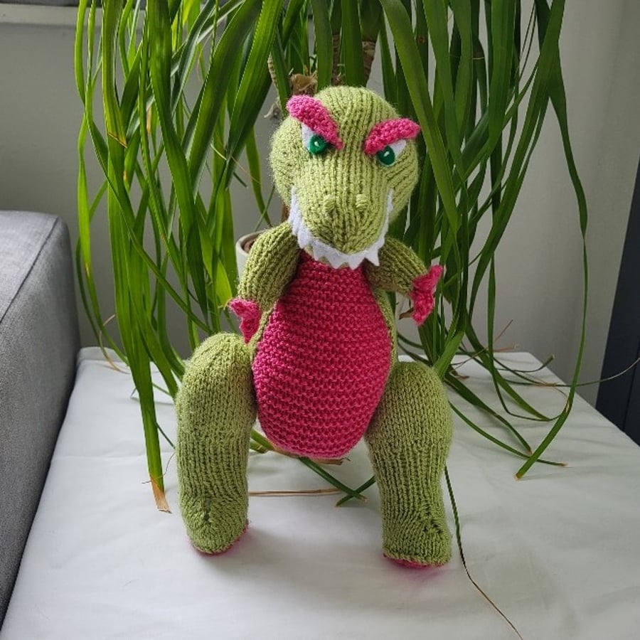 Hand knitted Roar the Dinosaur toy