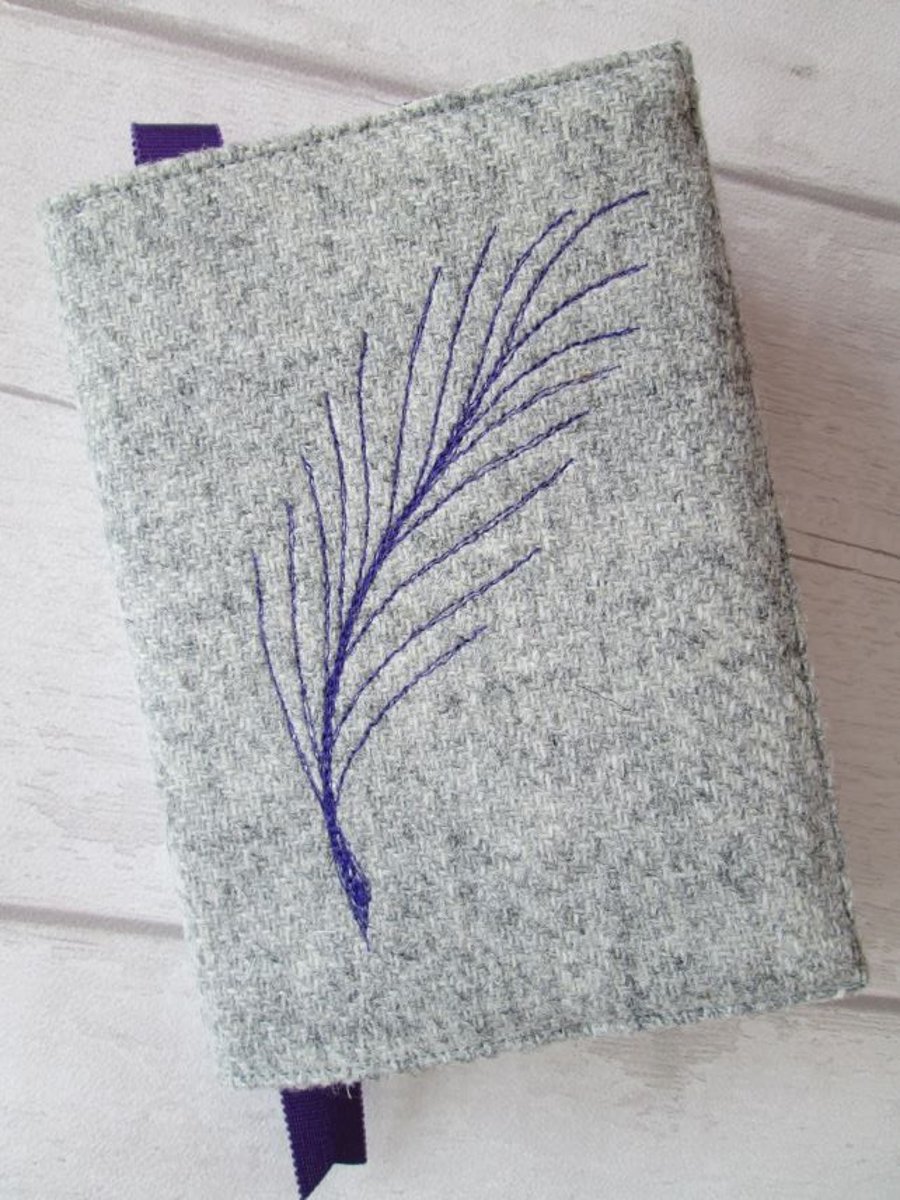 A6 'Harris Tweed' Reusable Notebook, Diary Cover - Silver Grey with Purple Quill