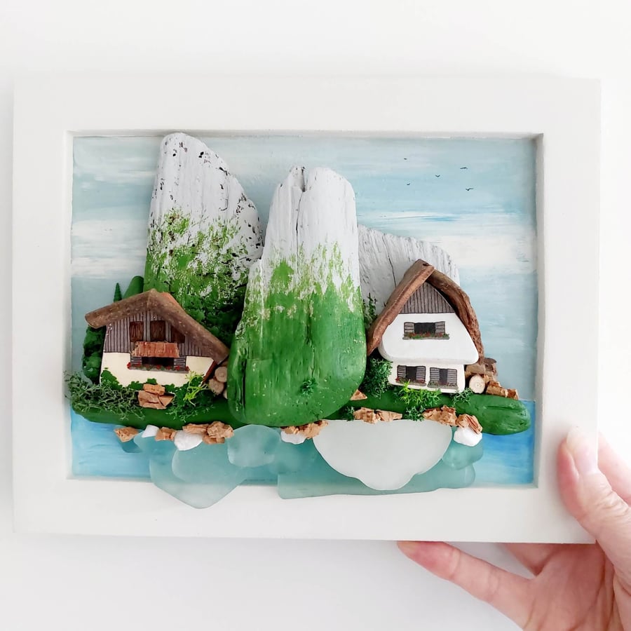 Alpine Mountain Cottage Wall Art, Driftwood & Sea Glass Landscape Decor