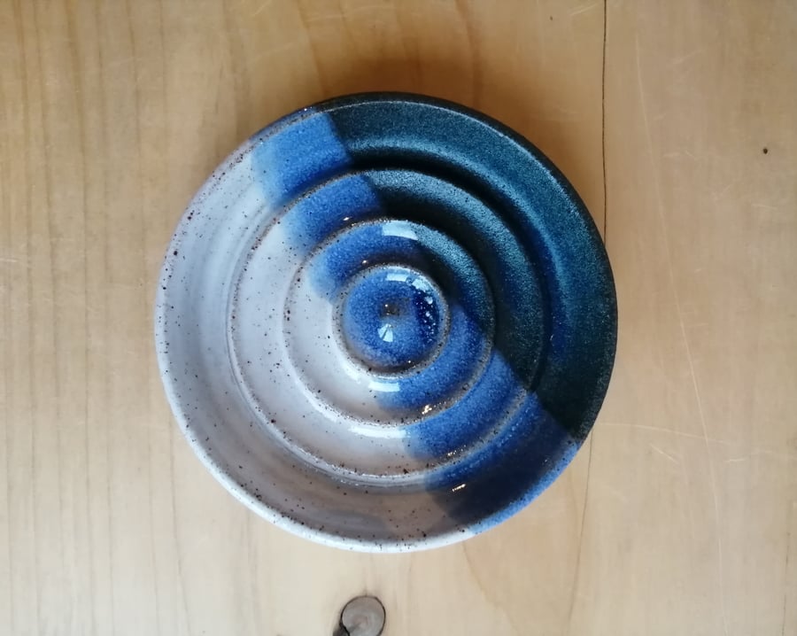 Handmade stoneware soap dish blue and white glaze