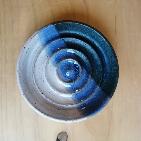 Handmade stoneware soap dish blue and white glaze
