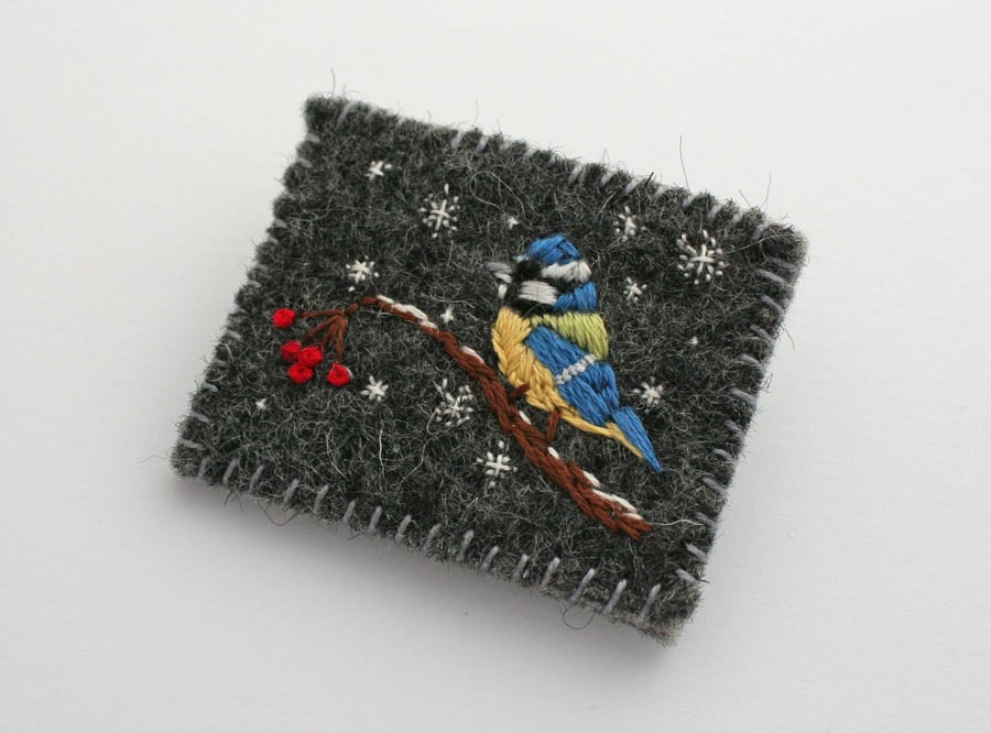 Blue Tit in the Snow Brooch