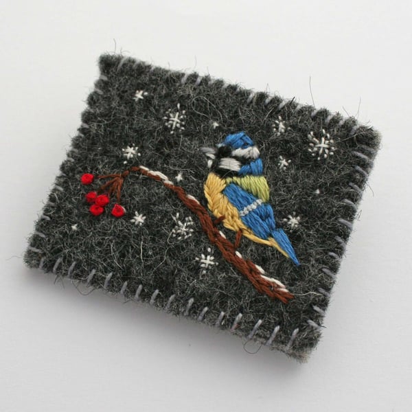 Blue Tit in the Snow Brooch