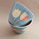 Handmade stoneware bowl set decorated with flowers