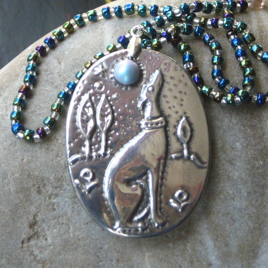 Pewter Greyhound Pendant Necklace, Handmade with Swarovski Pearl