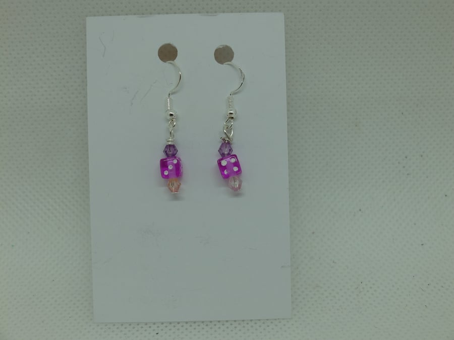 Hand made white metal Pink dice earrings