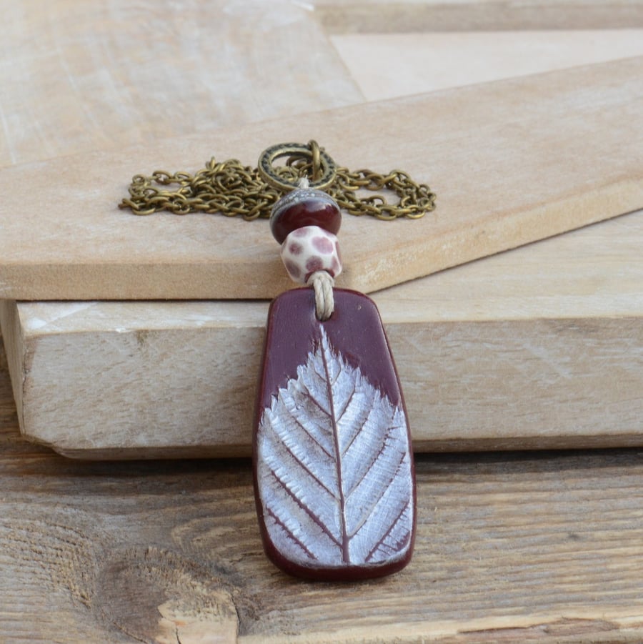 Burgundy Leaf Clay Pendant Necklace with Lampwork & Ceramic Bead