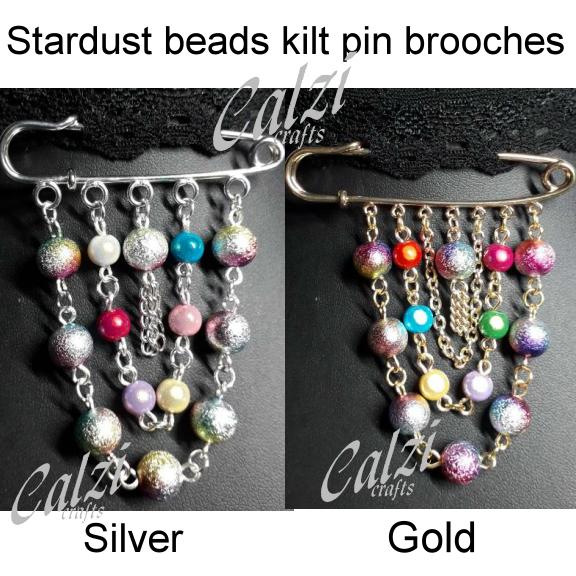 Multi coloured Stardust Bead Kilt Pin Brooch Gold or Silver
