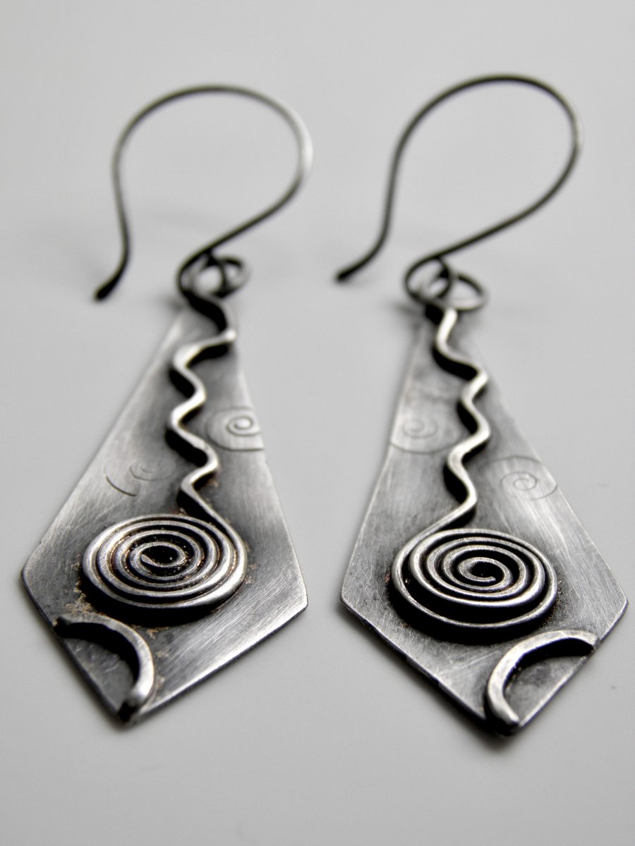 Sterling Silver Earrings Long Oxidised Silver Dangle 