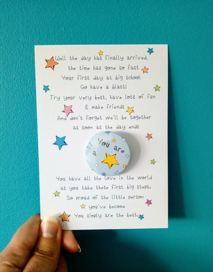 First Day at School Badge Set, Starting School Good Luck Card, Pocket Hug