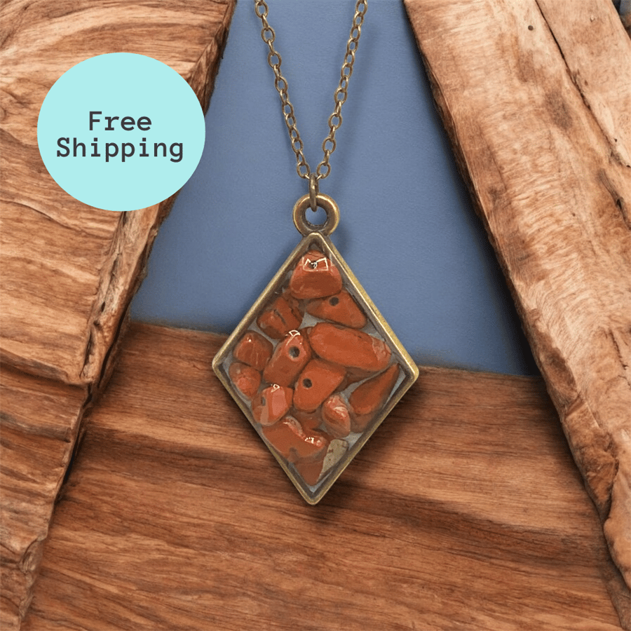 Red Jasper Brass plated Diamond Worry Stone Necklace - Free Postage