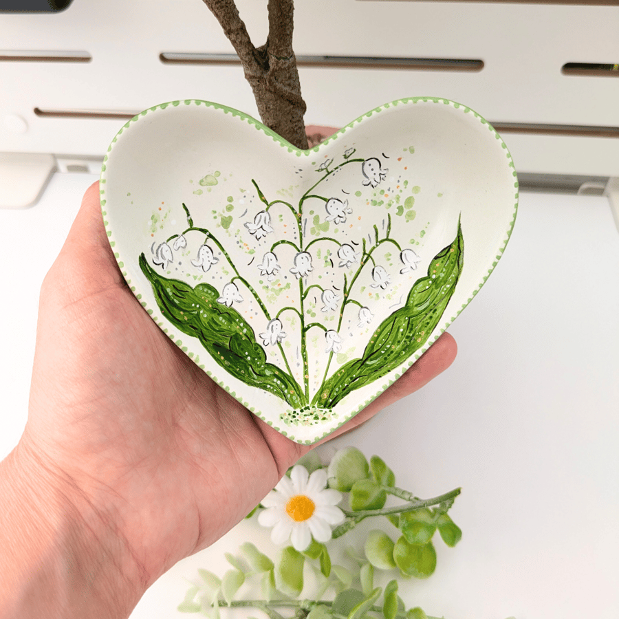 Lily of the valley hand-painted heart ring jewellery dish