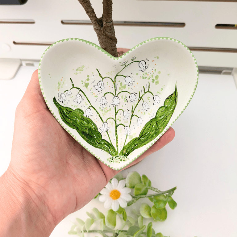 Lily of the valley hand-painted heart ring jewellery dish