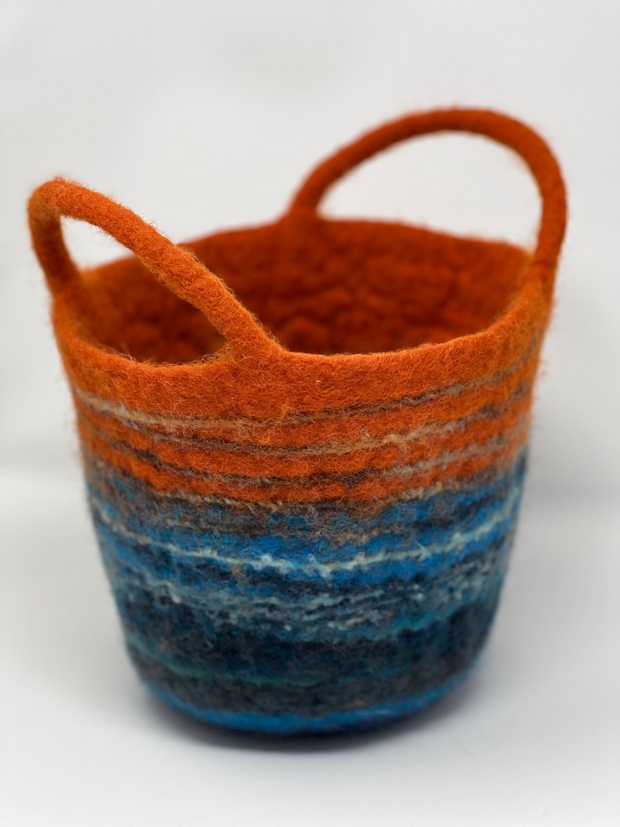 Medium Rust Orange and Blue Felt Basket with Cord Grab Handles
