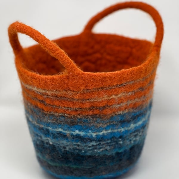 Medium Rust Orange and Blue Felt Basket with Cord Grab Handles