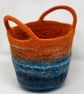 Medium Rust Orange and Blue Felt Basket with Cord Grab Handles - Image 1