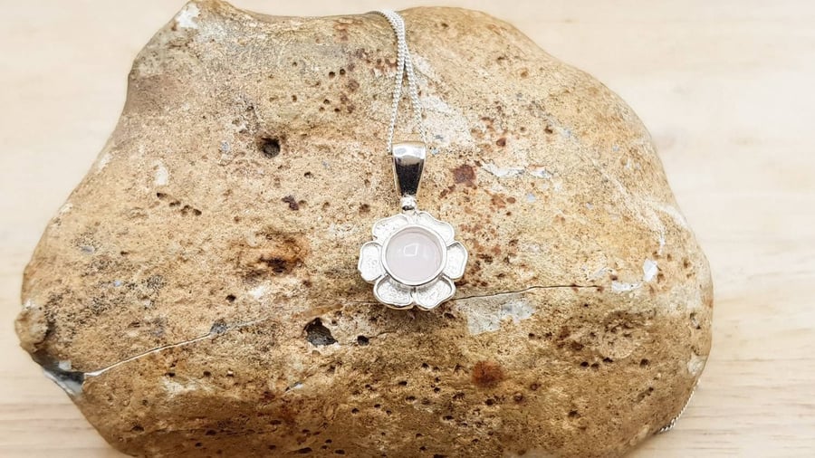 Tiny flower Rose Quartz pendant necklace. January Birthstone. Reiki Charged