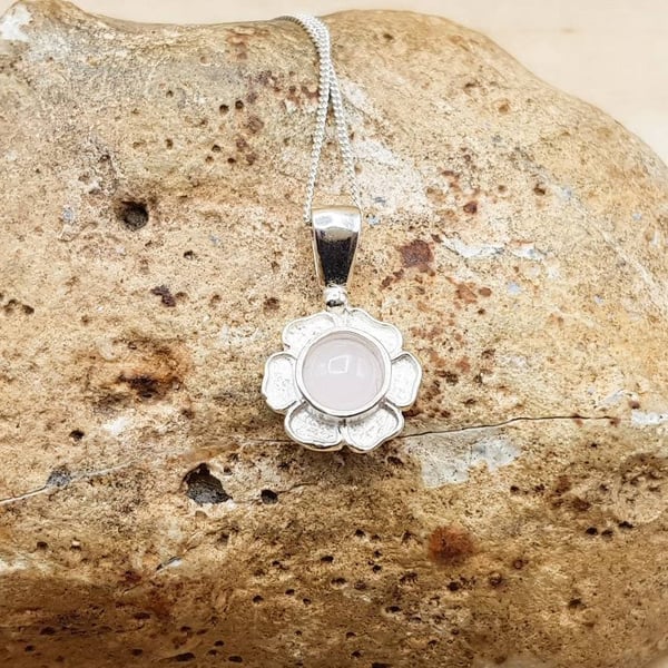 Tiny flower Rose Quartz pendant necklace. January Birthstone. Reiki Charged