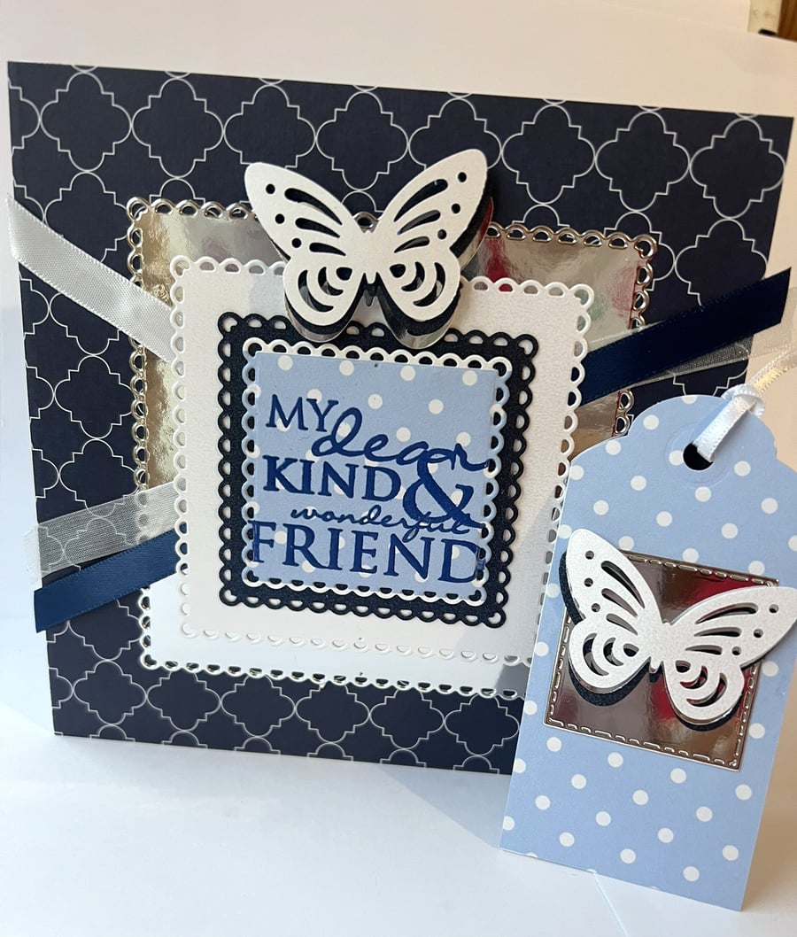 Friendship Handmade Card: Navy, White, and Silver Butterfly with Gift Tag