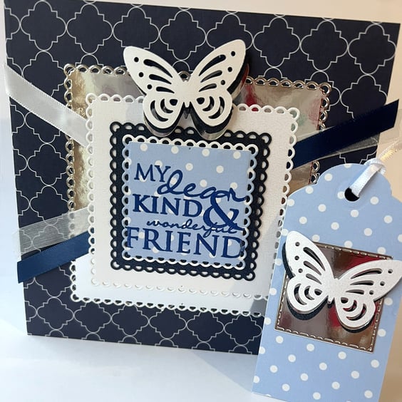 Friendship Handmade Card: Navy, White, and Silver Butterfly with Gift Tag