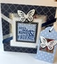 Handmade Friend Card: Navy, White, and Silver Butterfly with Gift Tag