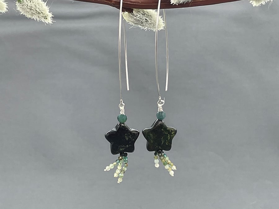 Dainty Rare Black Jade Jadeite & Grandidierite Star Earrings Sterling Silver 