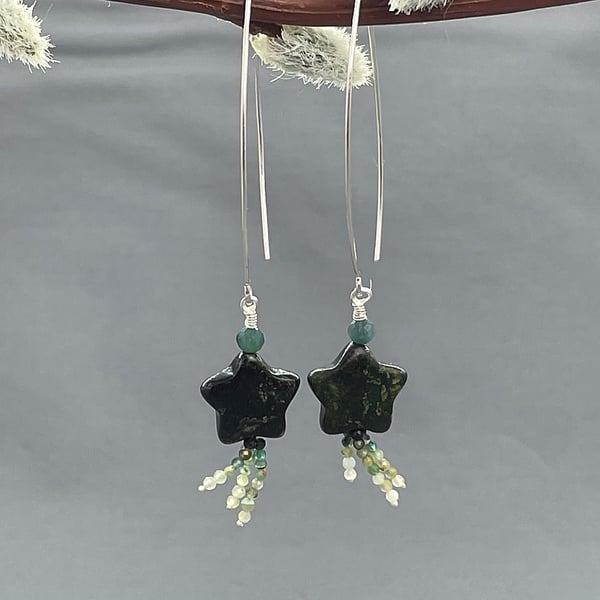 Dainty Rare Black Jade Jadeite & Grandidierite Star Earrings Sterling Silver 