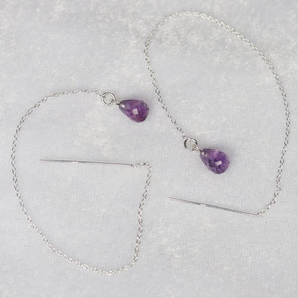 Sterling Silver Amethyst Drop Threader Earrings