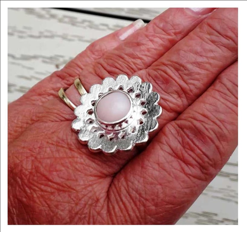 Pink Opal Flower Ring Sterling silver hallmarked size R - S