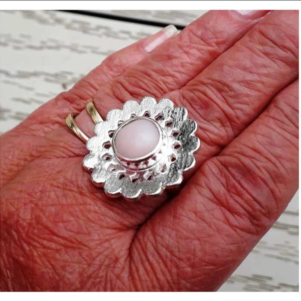 Pink Opal Flower Ring Sterling silver hallmarked size R - S