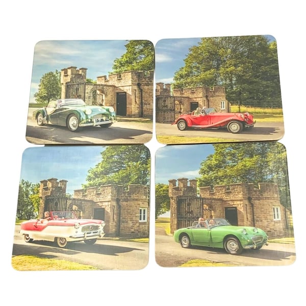 Set of 4 Square Corked Back Coasters featuring Vintage Open Top Cars