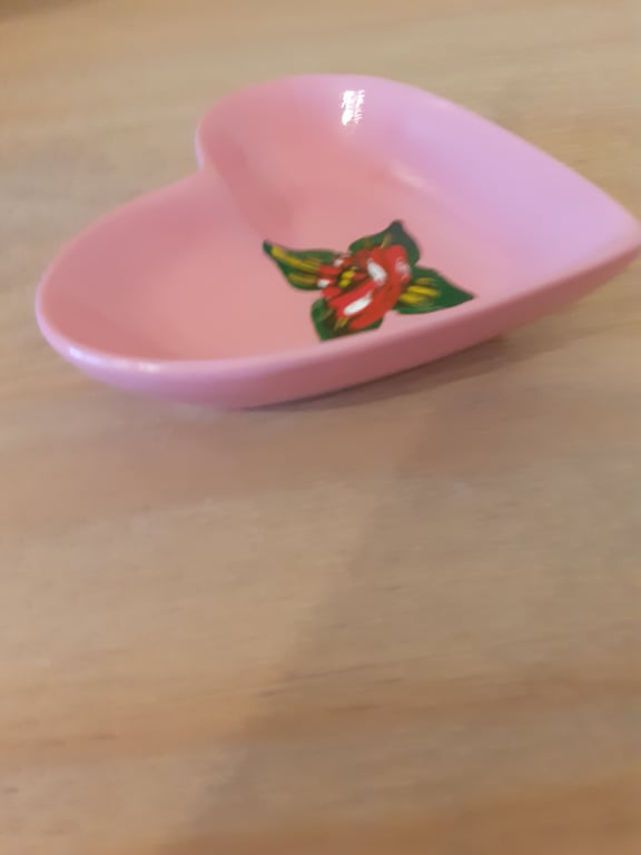Pink ceramic heart shaped trinket dish with canal art rose