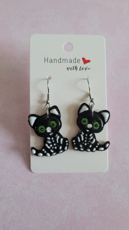 Handmade Polymer Clay Skeleton Cat Earrings, 316 Stainless Steel, Halloween