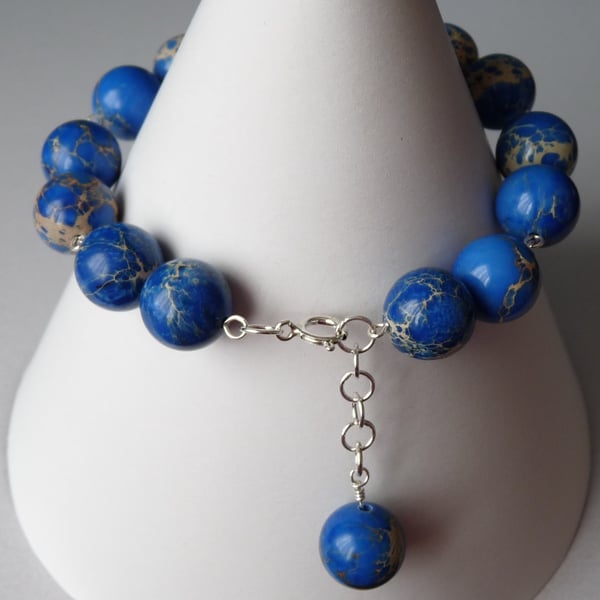 Blue Imperial Jasper Rosary Style Bracelet  - Genuine Gemstone - Sterling Silver