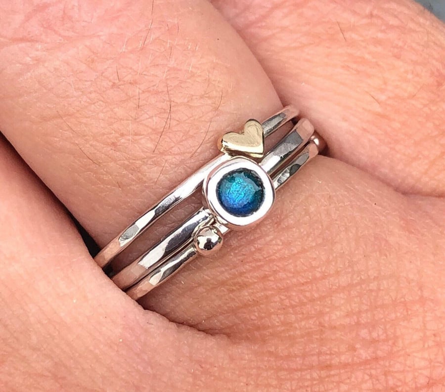 Enamel Stack Ring, rockpool ring, hammered silver stack ring, gold heart ring, 