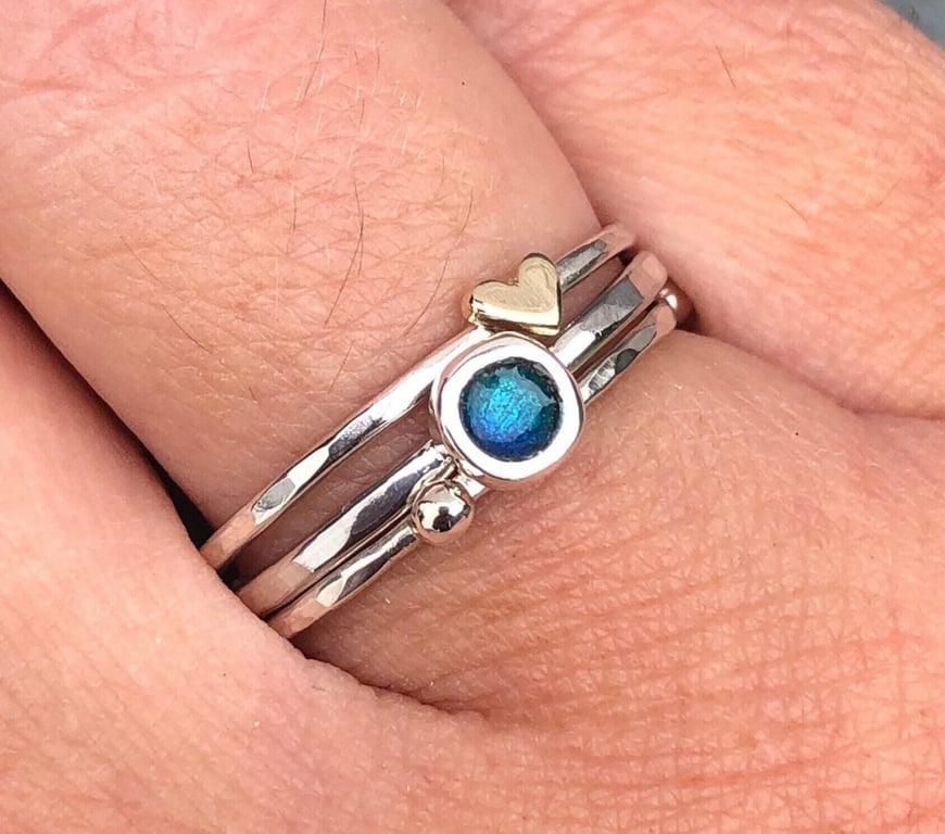 Enamel Stack Ring, rockpool ring, hammered silver stack ring, gold heart ring, 
