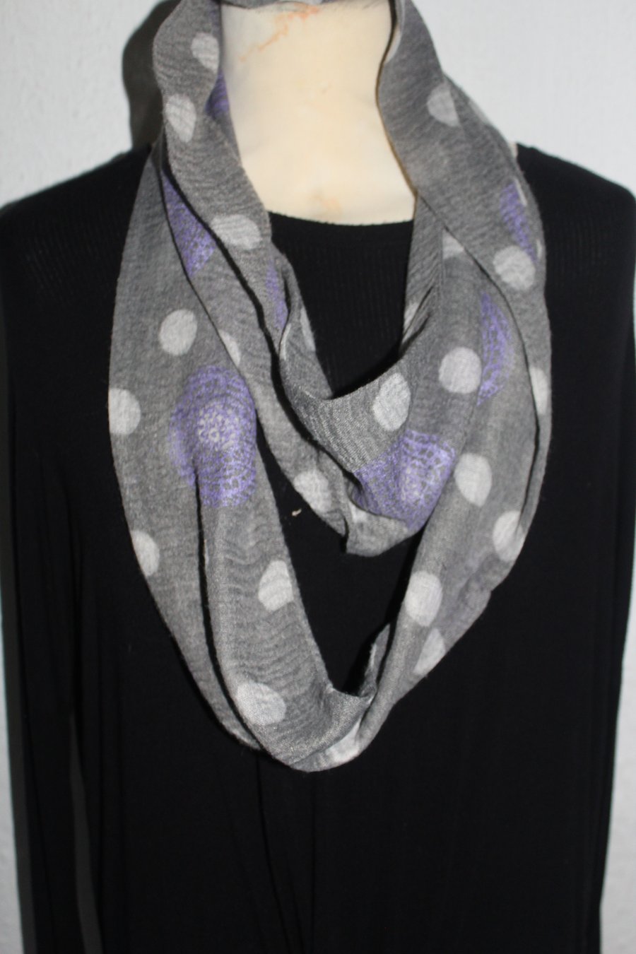 Grey soft spotty infinity scarf,purple mandala hand print Eco scarf,ladies gift 