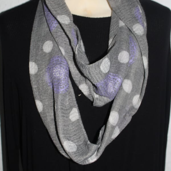 Grey soft spotty infinity scarf,purple mandala hand print Eco scarf,ladies gift 