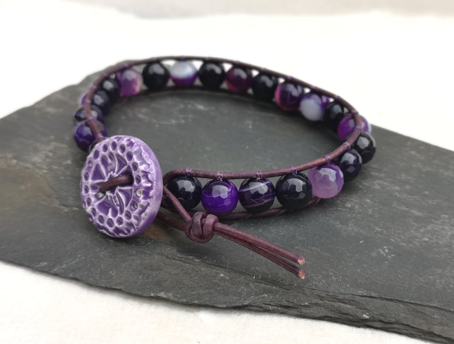 Purple striped agate semi precious bead and leather bracelet with ceramic button