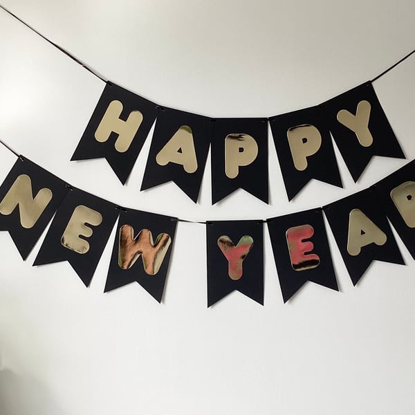 New Year Party Banner Bunting Black & Gold