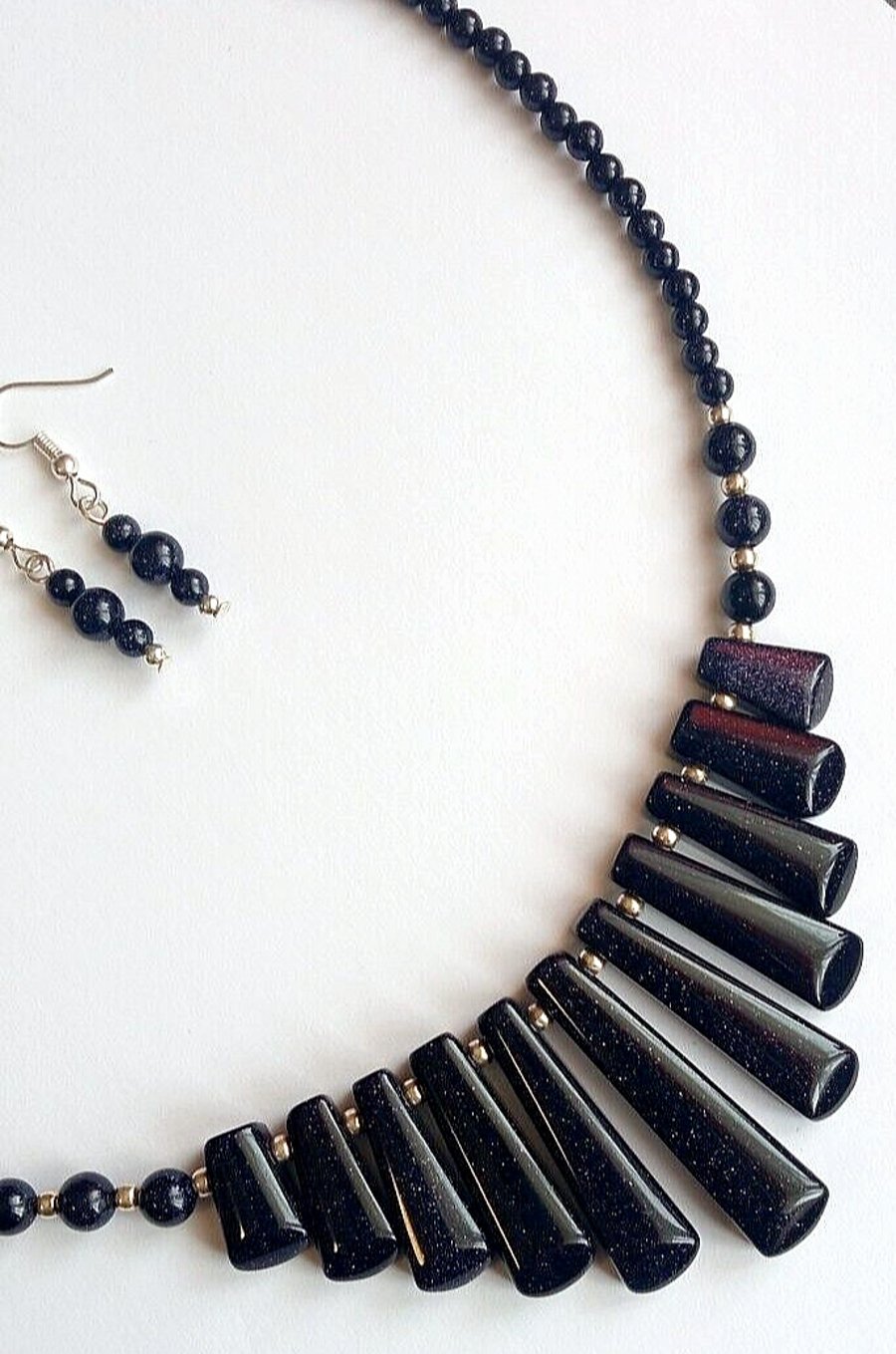 Blue Goldstone Necklace & Earrings Gift Set Tapered Glittery Statement