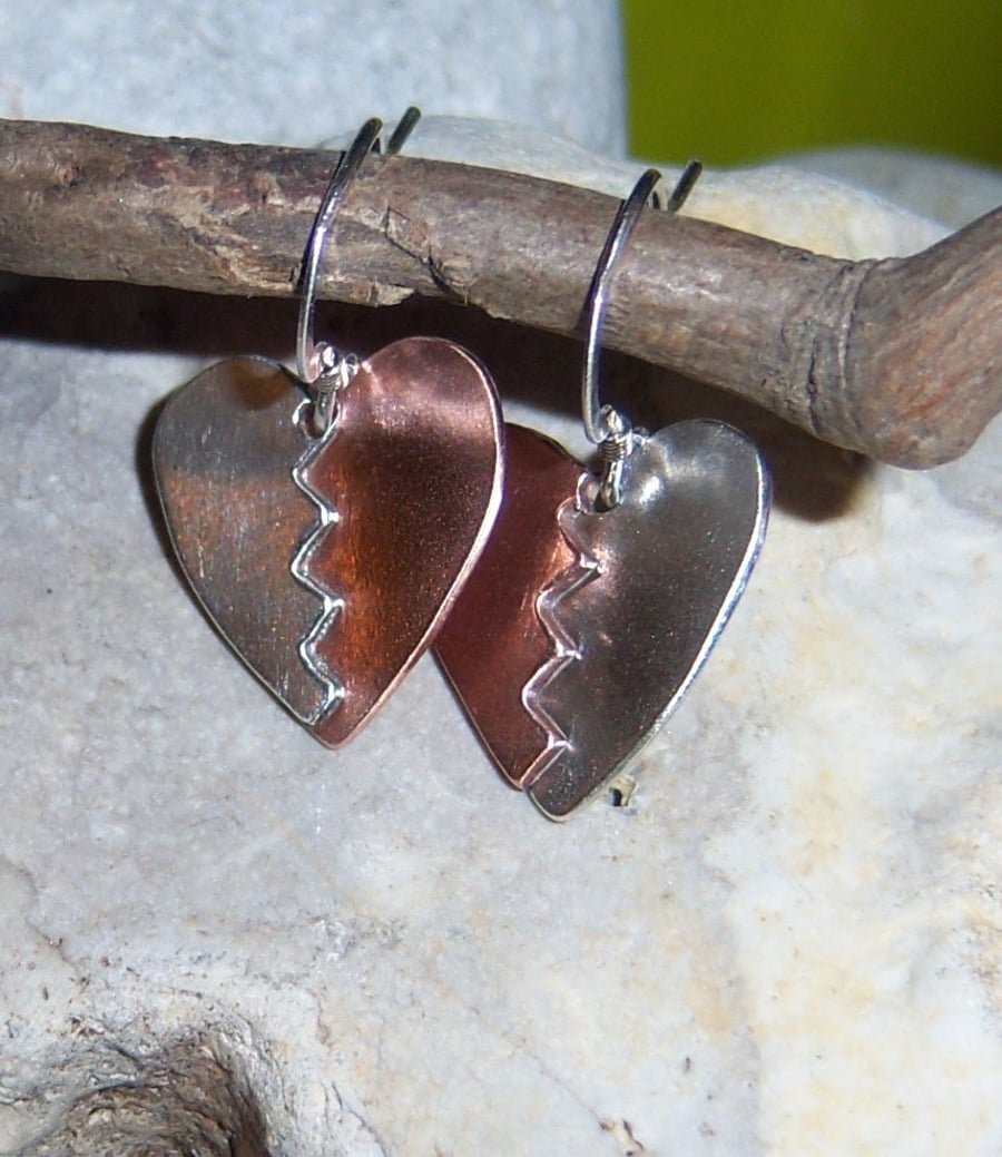 Heart earrings in copper and sterling silver