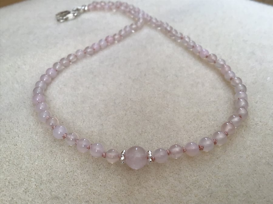 Natural Rose Quartz Sterling silver hand knotted dainty gemstone necklace 