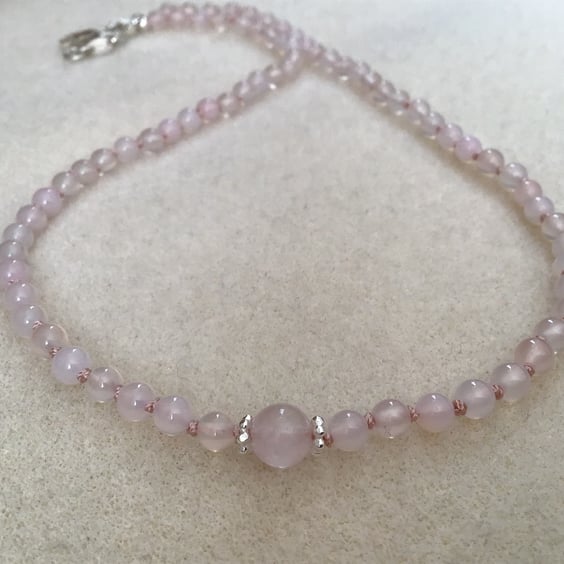 Natural Rose Quartz Sterling silver hand knotted dainty gemstone necklace 