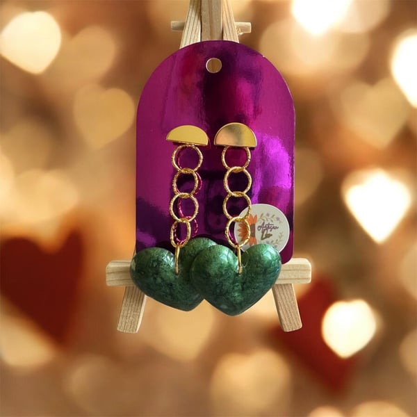 Handmade Resin heart Earrings green and gold stainless steel accent Lightweight 