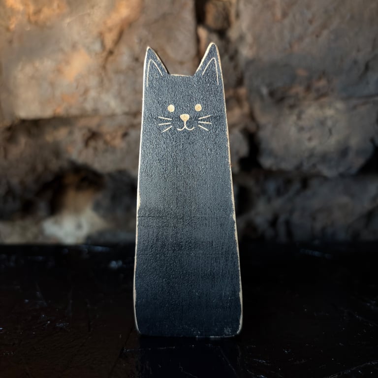 Tall Wooden Black Cat Shelf Sitter – Handmade Maple Cat Decoration