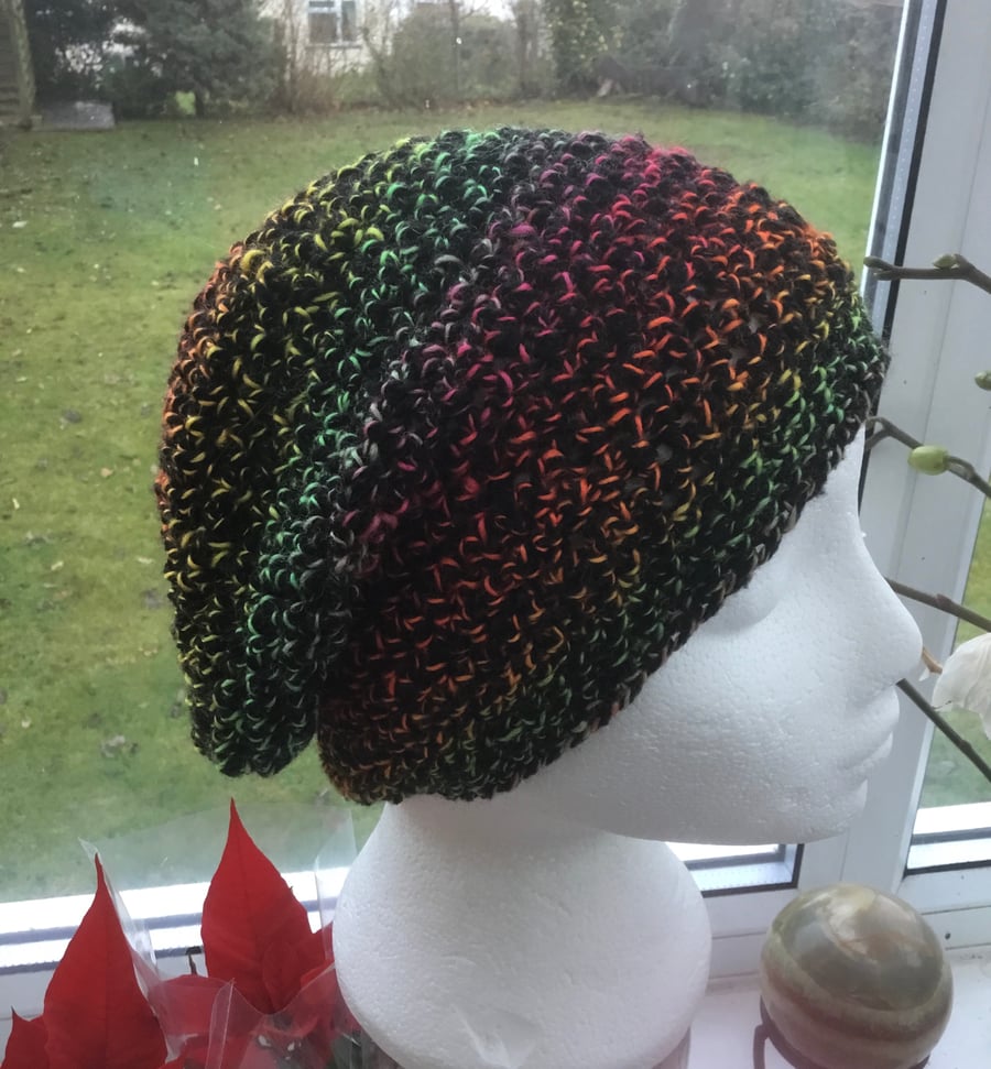 Autumnal Rainbow! Lovely Crocheted Beanie or Slouchy in Hayfield Illusion Yarn.