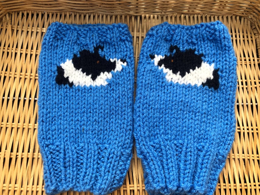 Border collie mittens ,fingerless gloves, hand knitted . Money to cat rescue