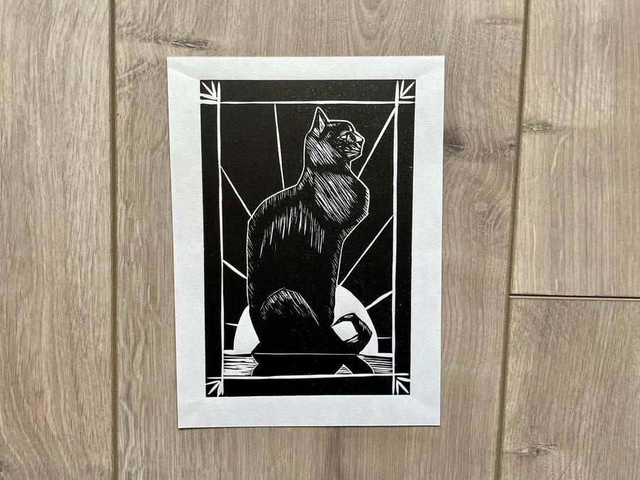 Cat with art deco sun lino print