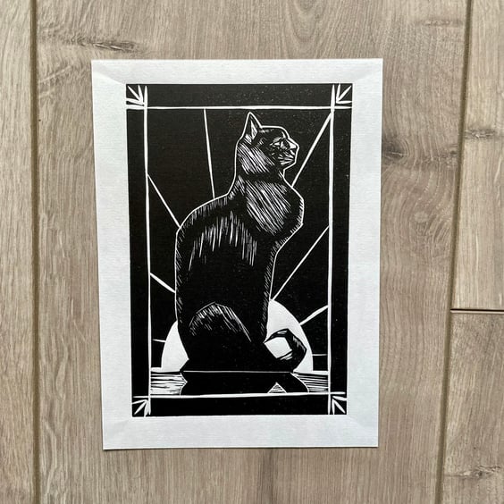 Lino Print Cat With Art Deco Sun Motif - Cat Lover Gift - Art Deco Style Artwork